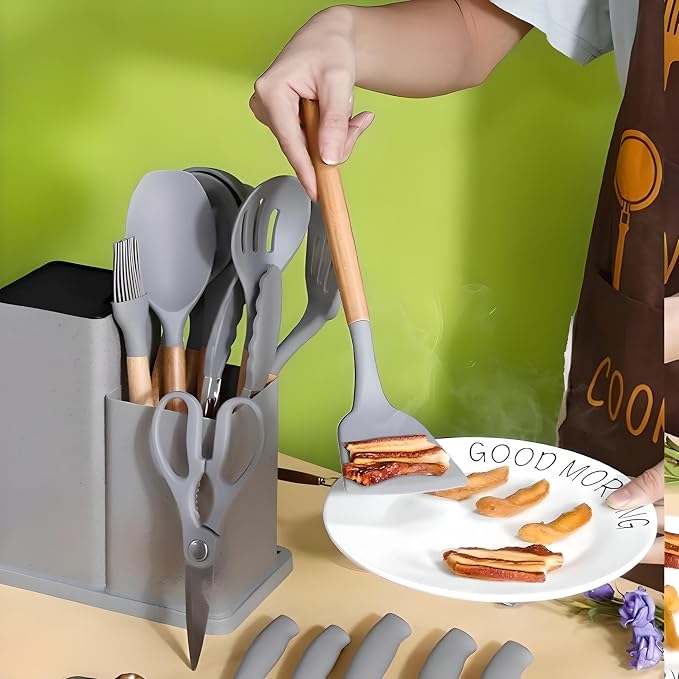 19-Piece Kitchen Utensils Set - Silicone Cooking Utensils, Non-Toxic Spatula Set, Kitchen Tools, Cutting Board, Cooking utensils set (Gray) - Image 5
