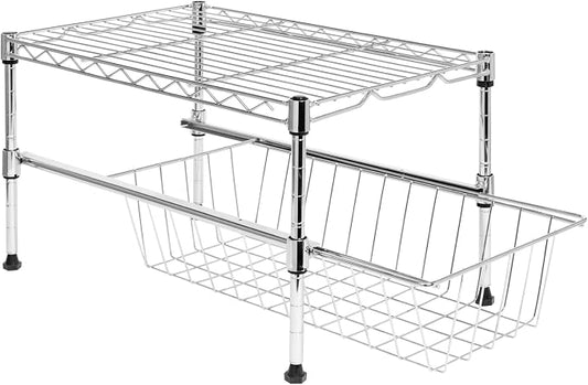 Honey-Can-Do SHF-04058 Adjustable Under Cabinet Organizer with Drawer, Chrome, 17.72L x 11.8W x 10.24H by Honey-Can-Do