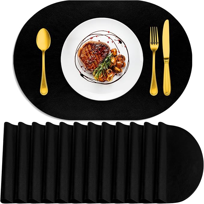 ADRIMER Placemats, Heat Resistant Oval Placemats Set of 12 Washable 12 x 17 Inch, Waterproof Table Mats, Wipeable Pu Place Mats for Kitchen, Dining Room, Black by Adrimersdreamistobeanindispensablecompanioninyourlife