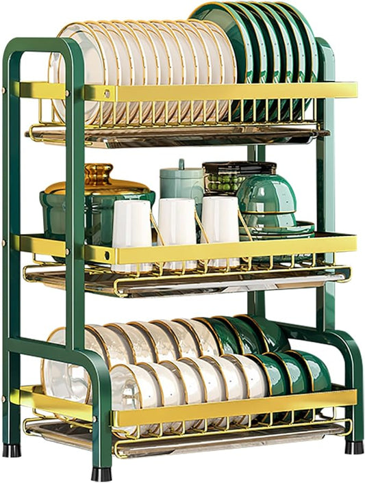 CAKERS Dish Drying Rack with Removable Drain Tray|Carbon Steel Dish Strainers for Kitchen Counter|Tableware Holder Dinnerware Drainer Organizer,Green-Gold,3 Tier-Main Shelf by CAKERS