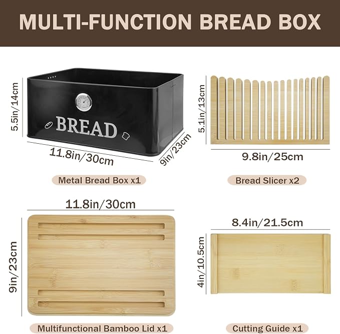 Black Bread Box for Kitchen Countertop with Bamboo lid, Hygrometer Kitchen Organizer for Sourdough, Buns, and Loaves, Bread Storage Container with Cutting Board Lid - Image 2