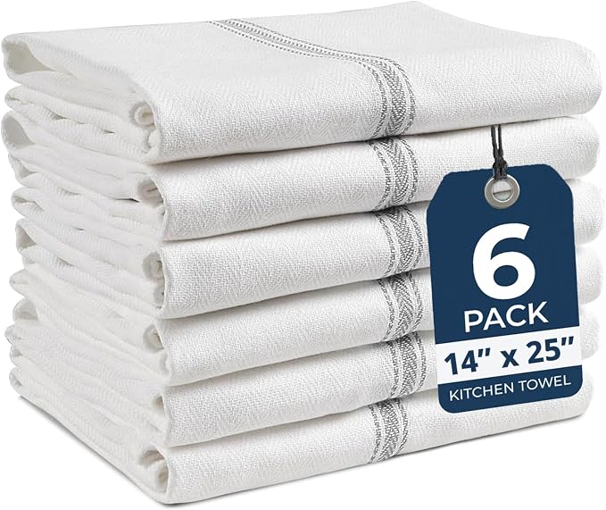 LANE LINEN Kitchen Towel Set, 6 Pack Dish Towels for Kitchen, 100% Cotton Absorbent Tea Towels, Quick Dry, 14"x25", Herringbone Weave, Reusable, Machine Washable, Soft for Drying Dishes - Grey Stripe by LaneLinen