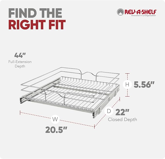 Rev-A-Shelf Steel Wire Pullout Drawer Organizer Shelf for Kitchen Cabinets, Slide Out Storage Basket, Min Opening Width of 20.5", 21" x 22", 5WB1-2122CR-1 - Image 10