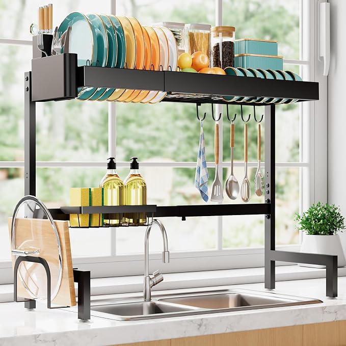 Sakugi 2-Tier Dish Drying Rack Over The Sink, Expandable for Counter | Rustproof Stainless Steel Kitchen Storage Accessories, Space-Saving 30"–34.5"Lx12"Wx25"H, Black by Sakugi