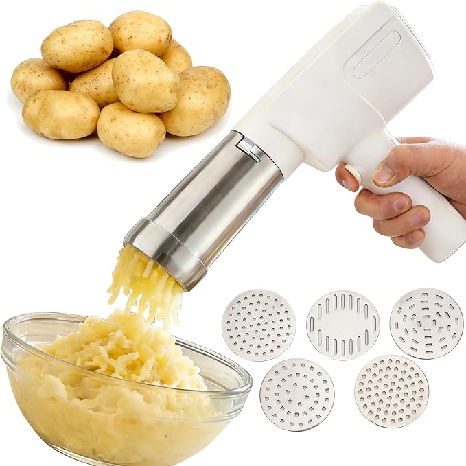 Electric Potato Masher & Ricer, 5-in-1 Handheld with 5 Discs, 5s 7oz Creamy Mash, Food Grade 304 Stainless Steel, Dishwasher Safe, Ideal for Thanksgiving & Homemade Baby Food (Adults Operated) by Unknown