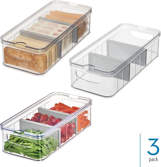 iDesign Large Fridge Organizer Bin, Clear/Gray, Set of 3 | Removable Divider, With Lid - Image 2