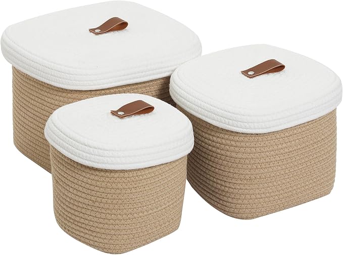 Set of 3 Nesting Woven Storage Baskets with Lids, Cotton Rope Decorative Basket Set for Shelf Closet Living Room Organizing, Square Beige & White by Cottonphant