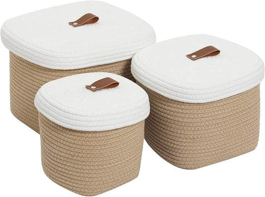 Set of 3 Nesting Woven Storage Baskets with Lids, Cotton Rope Decorative Basket Set for Shelf Closet Living Room Organizing, Square Beige & White by Cottonphant