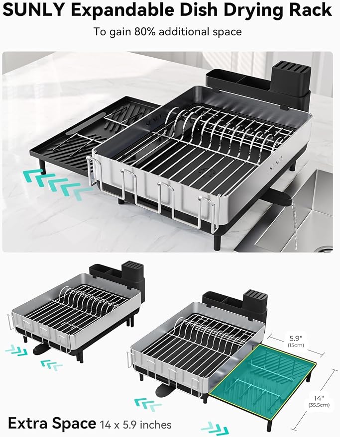 Large Dish Drying Rack, Expandable Dish Racks for Kitchen Counter, Space Saving 304 Stainless Steel Drying Rack Kitchen, Extra Large Drainer with Multifunctional Flip Up Pegs, Black - Image 3
