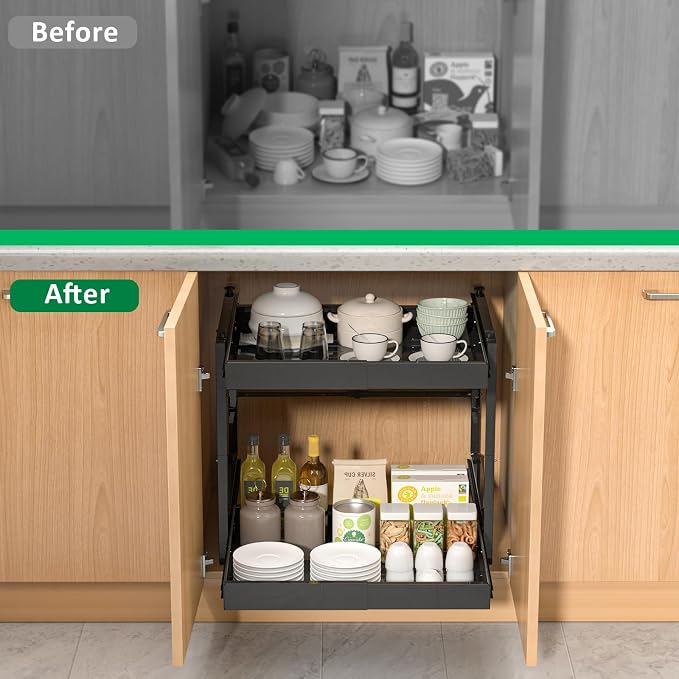 2 Tier Pull Out Cabinet Organizer, 21 inch Depth Slide Out Shelves | Expandable 14"-22.5" Wide, Heavy-Duty Cabinet Drawers for Kitchen Pots, Pans & Pantry Storage, Black - Image 4