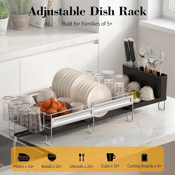Delamu Large Dish Drying Rack, Stainless Steel Dish Racks for Kitchen Counter, Multifunctional Dish Drainer with Cutlery & Cup Holders, Extendable from 13.4 to 28.7 in, Black - Image 3