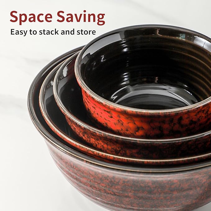 HASENSE Mixing Bowls, 2.1/1.5/1.0/0.5 Qt, Nesting Bowls for Cooking, Baking, Ceramic Serving Dishes Set of 4 for Salad, Fruits, Popcorn, Thanksgiving Christmas Gift, Dishwasher & Microwave Safe, Red - Image 3