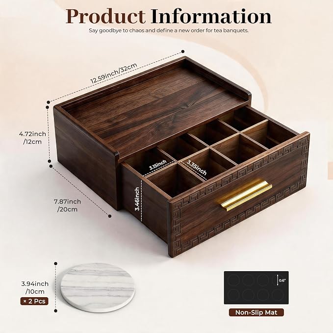 Acacia Wood Tea Bag Organizer with Storage Drawer | 8 Compartments Tea Caddy with Pattern Carving & 2 Ceramic Absorbent Coasters | Wooden Teabag Holder Tea Organizers for Countertop (Walnut) - Image 3