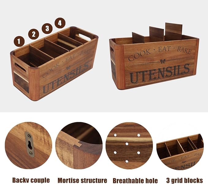 Utensil Holder for Kitchen Countertop - Extra Large 4 Compartment Wooden Organizer in Acacia Wood, Storage for Cooking Tools and Cutlery, Farmhouse Style for Home Cooking - Image 3