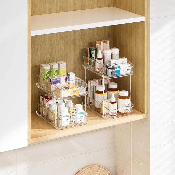 Delamu 2-Tier Under Sink Organizers and Storage, Multi-Purpose Stackable Bathroom Cabinet organizers, Pull Out Kitchen Pantry Organization and Storage with Dividers(4 Pack, Clear) - Image 8