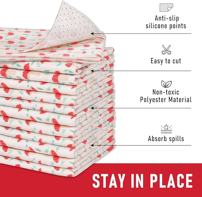 Cooyes 6 Pack Cloth Shelf Liners for Kitchen Cabinets, 17.7" × 36", Non-Slip Refrigerator Liners Machine Washable, Freezer Drawer Mats for Glass Shelves and Kitchen Cabinets, (Red Mushroom) - Image 3