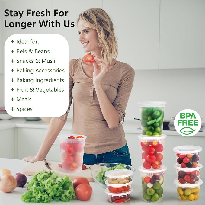 Cozary Food Containers with Lids 48 Pieces, Airtight Food Containers 12-32oz and 24-16oz and 12-8oz, Reusable Plastic Cups for Food, Safe in Microwave and Freezer - Image 6
