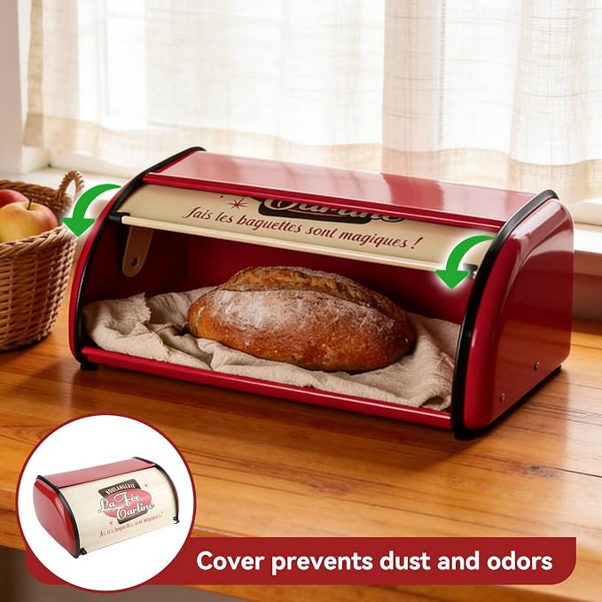 Metal Bread Storage Container, Large Capacity Vintage Roll Top Bread Box Bread Holder Bread Dispenser Kitchen Countertop Box for Kitchen Bread Storage 13.6 * 9.1 * 5.7 in (Red) - Image 4