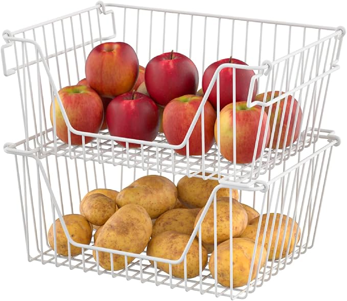Slideep 14'' Large Stackable Storage Baskets Cabinet Organizer Sturdy Metal Wire Pantry Freezer Bin for Pantry Home Bathroom Kitchen Organization White - 2 Pack - Image 2