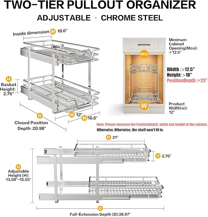 2-Tier Kitchen Cabinet Pull Out Shelf and Drawer Organizer Slide Out Pantry Storaqe Basket in Multiple Sizes (11" W x 18" D) - Image 2