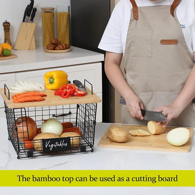 2 Set XXL Stackable Wire Basket with Bamboo Tops & Tag- Pantry Organizer and Storage Bins, Kitchen Counter Cabinet Shelf Countertop Under Sink Organizing, Food Snack Produce Onion Potato Bread Storage - Image 4