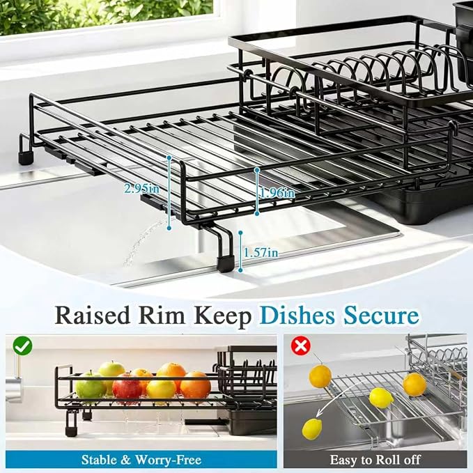 Expandable Dish Drying Rack for Kitchen Counter, Large Capacity Dish Rack with 360° Rotatable Drain Spout & Utensil Holder, Stainless Steel Dish Drainer for Kitchen Sink, Black - Image 6