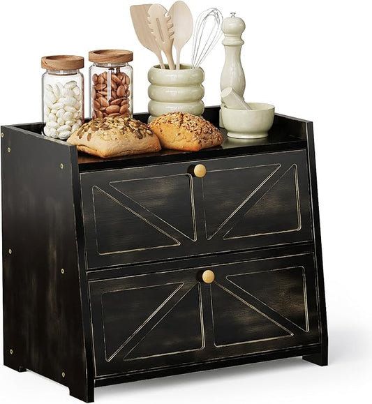 Trironsun Vintage Double Layer Bread Box for Kitchen Counter Bamboo Bread Storage Container Large Capacity Bread Storage Bin (Antique Black) by TrironsunHome