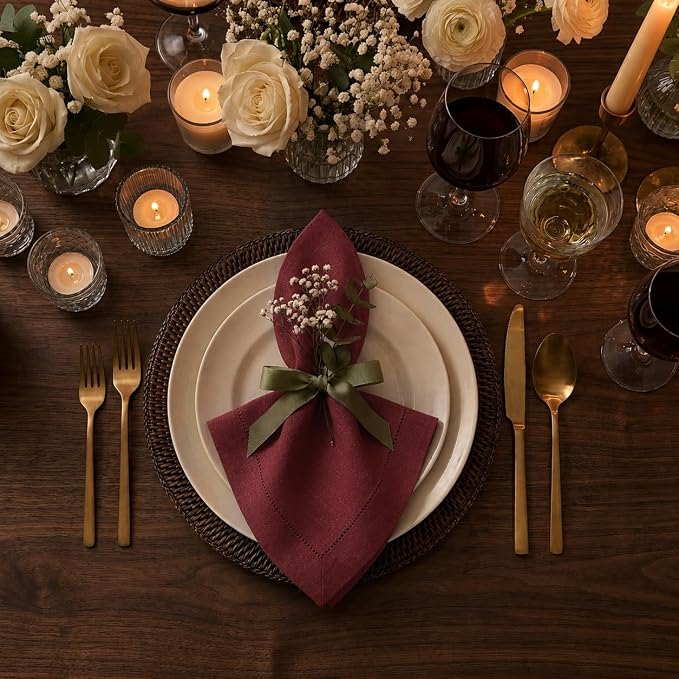 Signature Linen™ by D'Moksha Red Garnet Dinner Napkins Set of 4, 20 x 20 Inch Cloth Napkins, 100% Pure Linen, Hemstitch, Machine Washable Table Napkins- Summer, Weddings, Outdoor hostings - Image 2