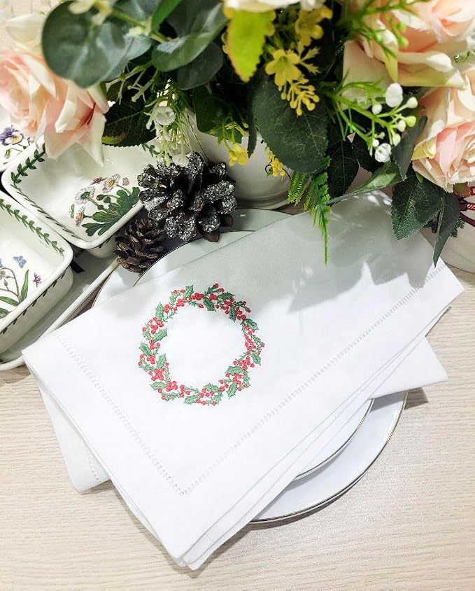 Embroidered Cotton Napkins Christmas 20x20 (Holly & Red Berries Wreath) - Image 2