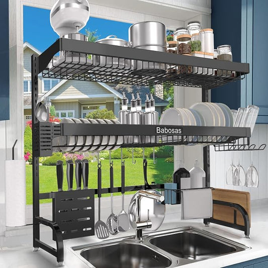 Over The Sink Dish Drying Rack,3 Tier Adjustable Length (25.5'' to 37.4'') Full Stainless Steel Large Storage Kitchen Dish Rack,for Kitchen Counter,Expandable Multifunctional Organizers,Black by Babosas