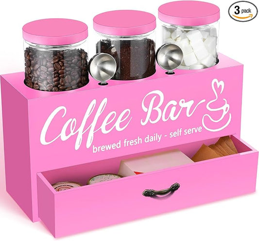 3 Pcs Coffee Bar Containers Set Include Coffee Sugar Container with Lid and Spoon and Double Layer Storage Box with Drawer for Bar Kitchen Countertop(Pink) by Skybooly