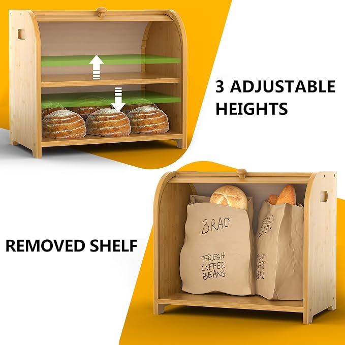 Bamboo Bread Box for Kitchen Countertop, Roll Top Bread Storage Box | Double Layer, Large Capacity, Space-saving, Easy Assembly - Image 4