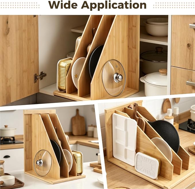 Upgraded Tray Dividers for Cabinets with 3 Slots, Wooden Pan Organizer Rack for Cabinet, Bakeware Organizer for Cutting Boards Lids Cookie Sheets, Pot Pan Storage Rack for Countertop or Cupboard - Image 6