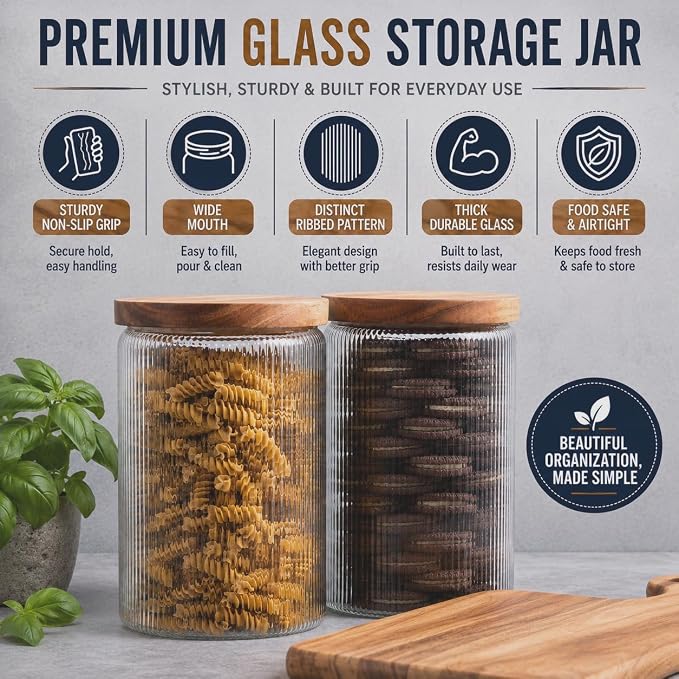 Mason & Fable Ribbed Glass Jar with Wooden Lid 70fl.oz- Set of 2 | Airtight Fluted Storage Container for Cookies, Pasta, Coffee, Dog Treats, Snacks | Organization Canisters for Home & Kitchen - Image 2