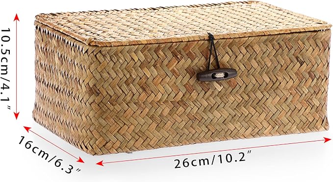 Hipiwe Small Woven Shelf Baskets Bin with Lid Seagrass Wicker Storage Box | Handmade Seagrass Basket Organizer Rectangular Household Basket Boxes for Shelf Wardrobe Home Decor, Caramel - Image 4