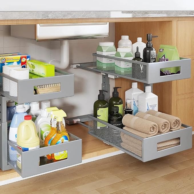 Under Sink Organizer,2-Tier Dual Pull Out Cabinet Organizer Drawers With Smooth Circular Rail,Large Capacity Metal Mesh Sliding Shelves For Bathroom& Kitchen Storage,Height Adjustable–Gun Gray,2 Packs by UnderSinkOrganizer