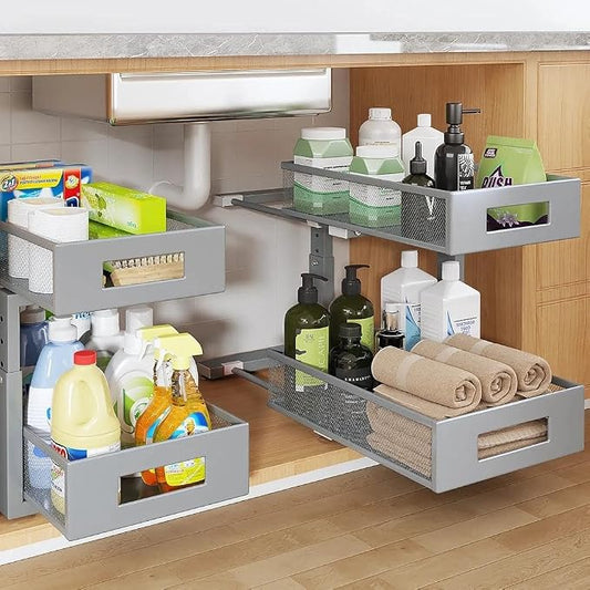Under Sink Organizer,2-Tier Dual Pull Out Cabinet Organizer Drawers With Smooth Circular Rail,Large Capacity Metal Mesh Sliding Shelves For Bathroom& Kitchen Storage,Height Adjustable–Gun Gray,2 Packs by UnderSinkOrganizer