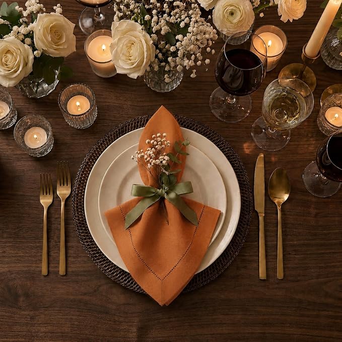 Signature Linen™ by D'Moksha Rust Dinner Napkins Set of 4, 20 x 20 Inch Cloth Napkins, 100% Pure Linen, Hemstitch, Machine Washable Table Napkins- Summer, Weddings, Outdoor hostings - Image 2