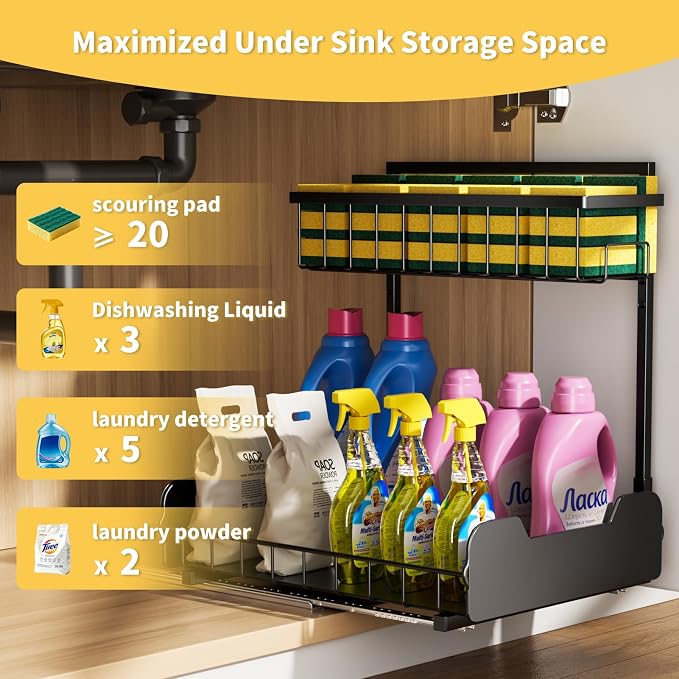 Under Sink Organizer, 2-Tier L-Shaped Pull Out Cabinet Shelf with 2 Installation Methods, Adjustable Sliding Storage Drawer for Kitchen, Bathroom, Laundry, Metal, Black, 2-Pack - Image 4