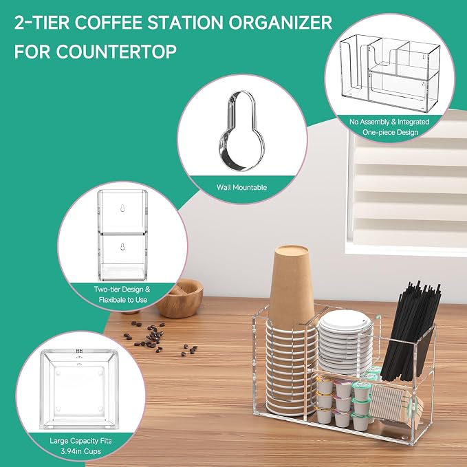 2-Tier Coffee Station Organizer for Countertop, 4 Compartments Clear Acrylic Cup and Lid Holder Tea Condiment Storage Upright Coffee Bar Organizer Pod Dispenser for Office Breakroom Home Kitchen - Image 4