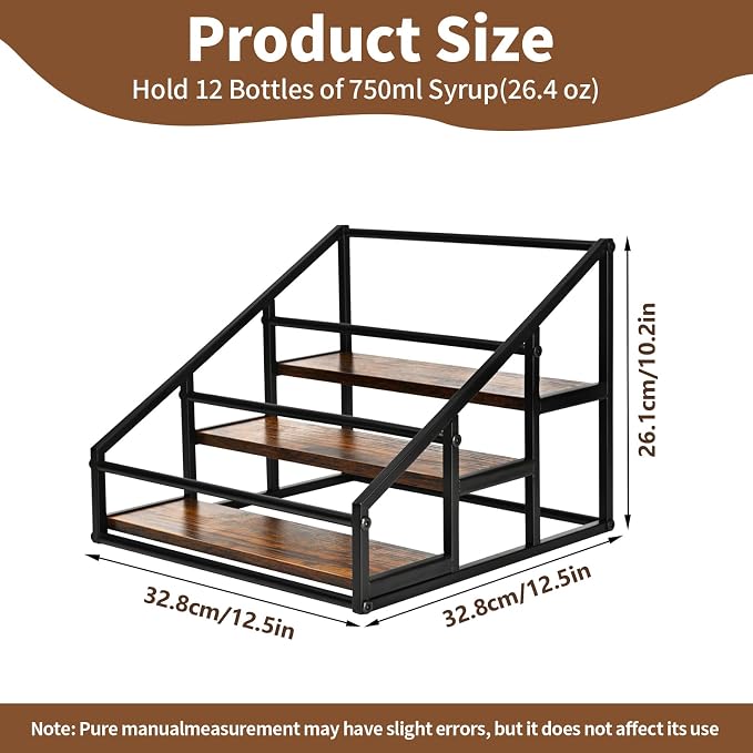 YQBRAO 3-Tier Coffee Syrup Organizer, 12-Bottle Rack, Rustic Brown | Holds up to 12 bottles with stepped visibility and a compact footprint for coffee bars, kitchens, and syrup stations. - Image 3