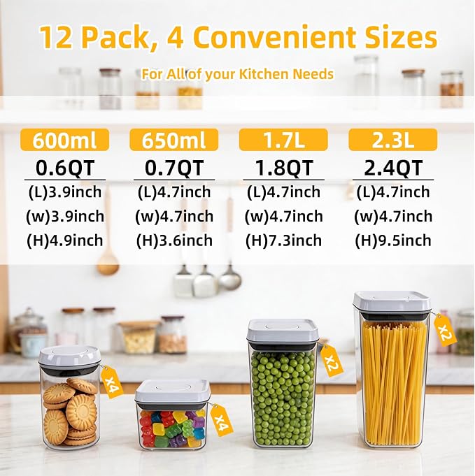 Pop Push Button Airtight Food Storage Containers 12 Pack | 4 Sizes: 0.65/0.7/1.8/2.4Qt, BPA-Free Clear Canisters for Pantry, Pasta, Cereal, Snacks, Coffee, Pet Food, Fridge - Image 3