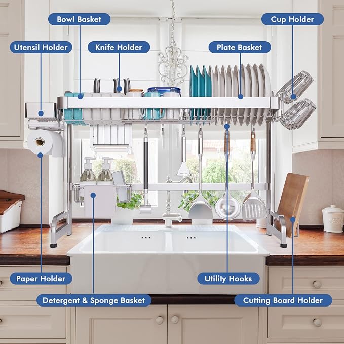 LIVOD Over The Sink Dish Drainer Drying Rack, 2 Tier Full Stainless Steel Storage Adjustable Length Kitchen Rack, Multifunctional Expandable Counter Organizer, Space Saver Dish Rack - Image 6