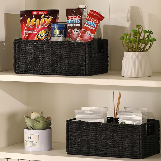 Wicker Baskets for Storage, Set of 4 Hand-Woven Storage Baskets for Shelves, Foldable Cube Storage Baskets Bins with Handles, Small Wicker Baskets for Organizing Pantry Bedroom, Black - Image 6