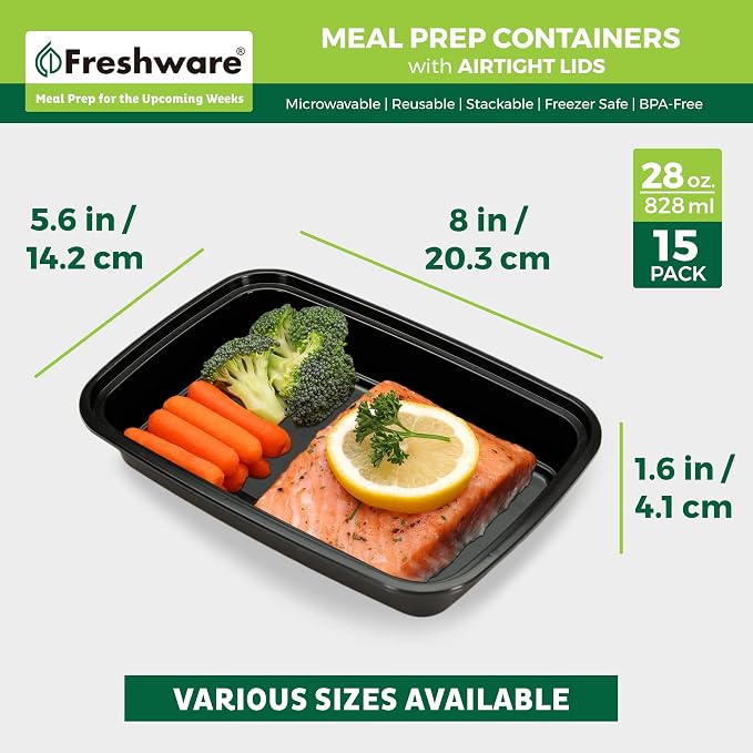 Freshware Meal Prep Containers [15 Pack] 1 Compartment Food Storage Containers with Lids, Bento Box, BPA Free, Stackable, Microwave/Dishwasher/Freezer Safe (28 oz) - Image 4