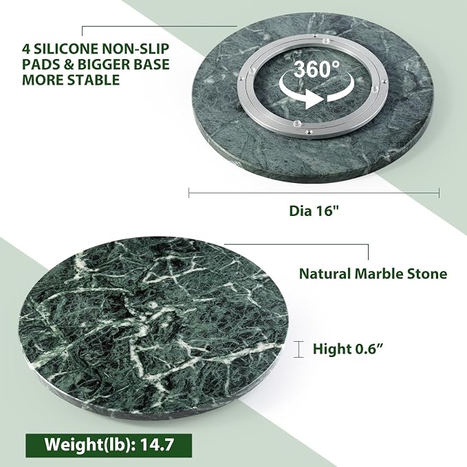 Marble Lazy Susan, 16 in Turntable Organizer for Cabinet Pantry Kitchen Countertop Fridge Bathroom Makeup Vanity Countertop, Detachable Organizer (Indian Green) - Image 4
