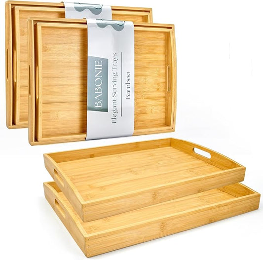 Bamboo Serving Tray Set of 4, Bamboo Trays with Handles | Decorative bamboo serving trays for serving, storage,kitchens, living rooms,bathrooms, outdoor scenarios and more by BABONIE