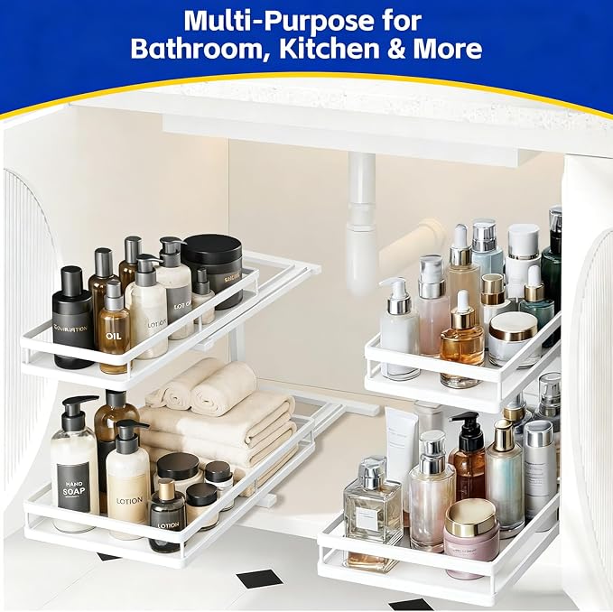 2-Tier Metal Pull-Out Under Sink Organizer, White, 2 Pack | Carbon steel 2-tier set, ball-bearing slides, adjustable height, no-drill setup, for kitchen and bathroom cabinets - Image 7