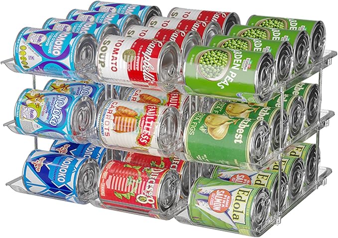 Can Organizer For Pantry, Adjustable Height And Width Canned Goods Organizer, Roller Soup Can Organizer Holds Up to 36 Cans for Kitchen Cabinet or Refrigerator(CLear 3 Tier) by STORICANS