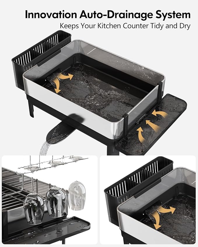 2 Tier Large Stainless Steel Dish Drying Rack with Drain Board | Space Saving, Rust Proof Metal, Automatic Drainage Drainer for Kitchen Counter, Modern Black and Silver for Pots and Pans - Image 6